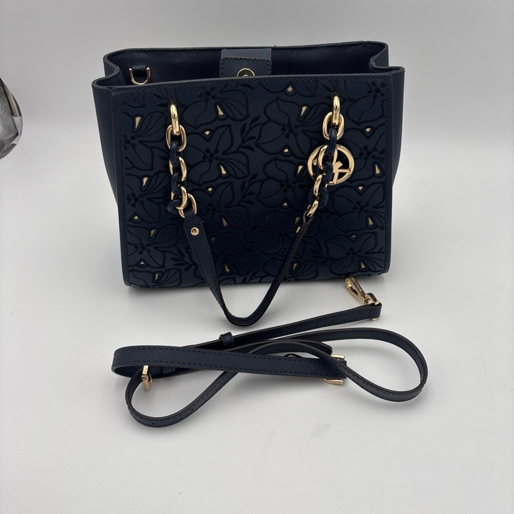 Michael Kors Navy Floral Laser-Cut Shoulder Bag with Gold Hardware